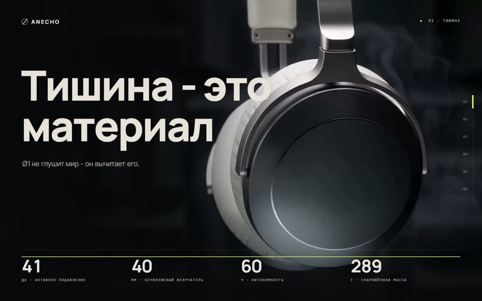 Главный экран сайта Anecho: беспроводные наушники крупным планом