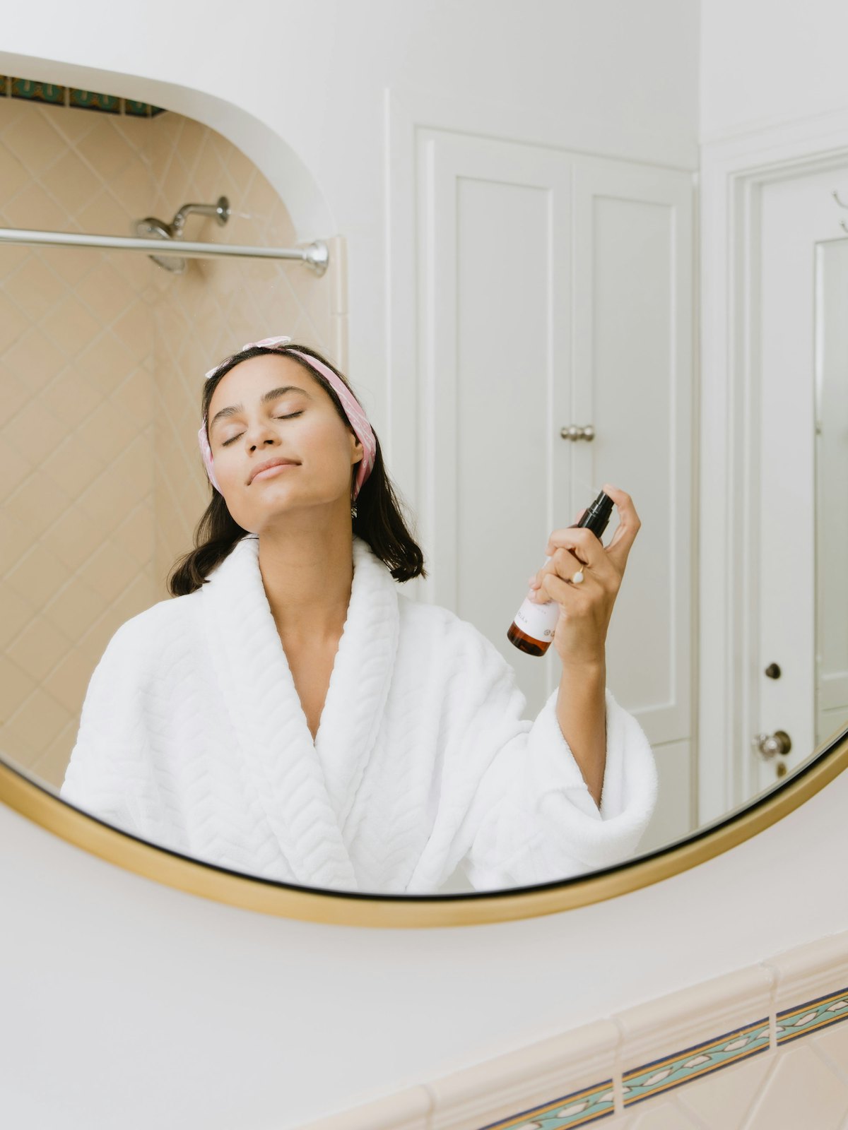 Morning skincare ritual on a stone counter